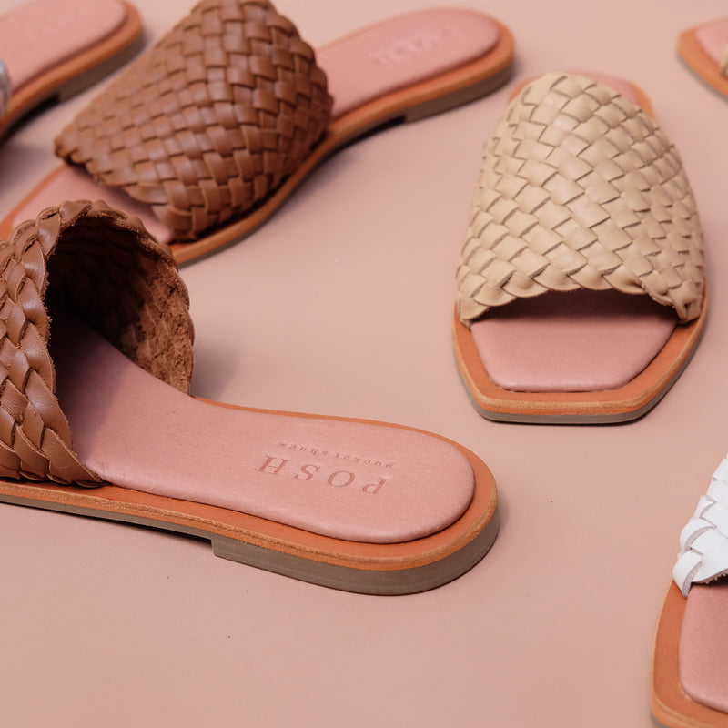 HAND WOVEN LEATHER SLIDES // CREAM
