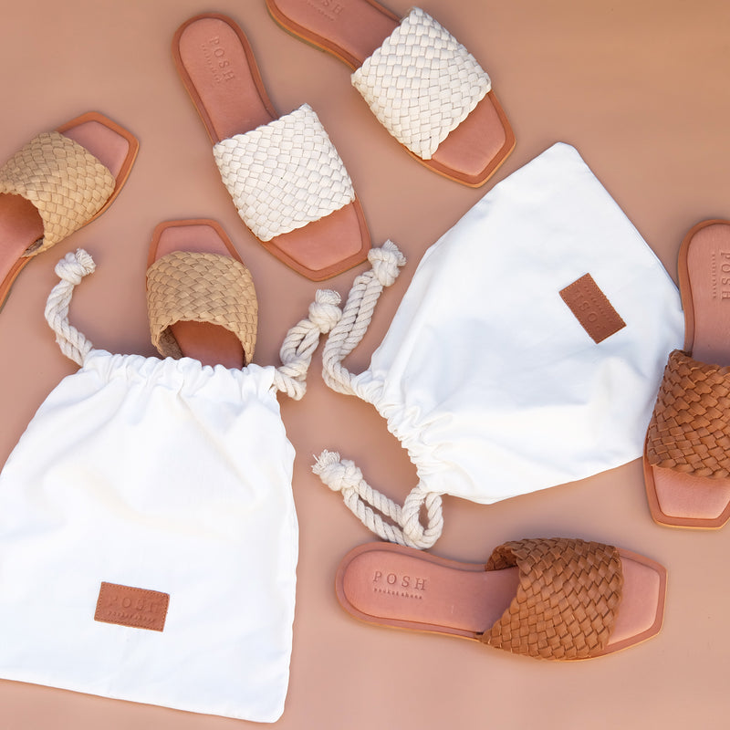 HAND WOVEN LEATHER SLIDES // CREAM